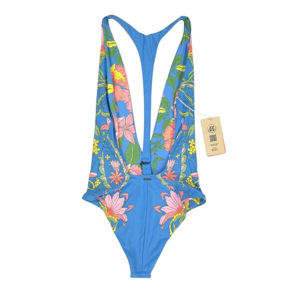 Maaji One Piece Swimsuit Maya Blue Tiki Plunge Reversible Floral Racerback - Picture 4 of 14